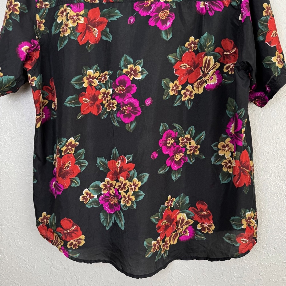 Ship'n Shore silk black floral tropical hawaiian button front blouse top M - Picture 7 of 9